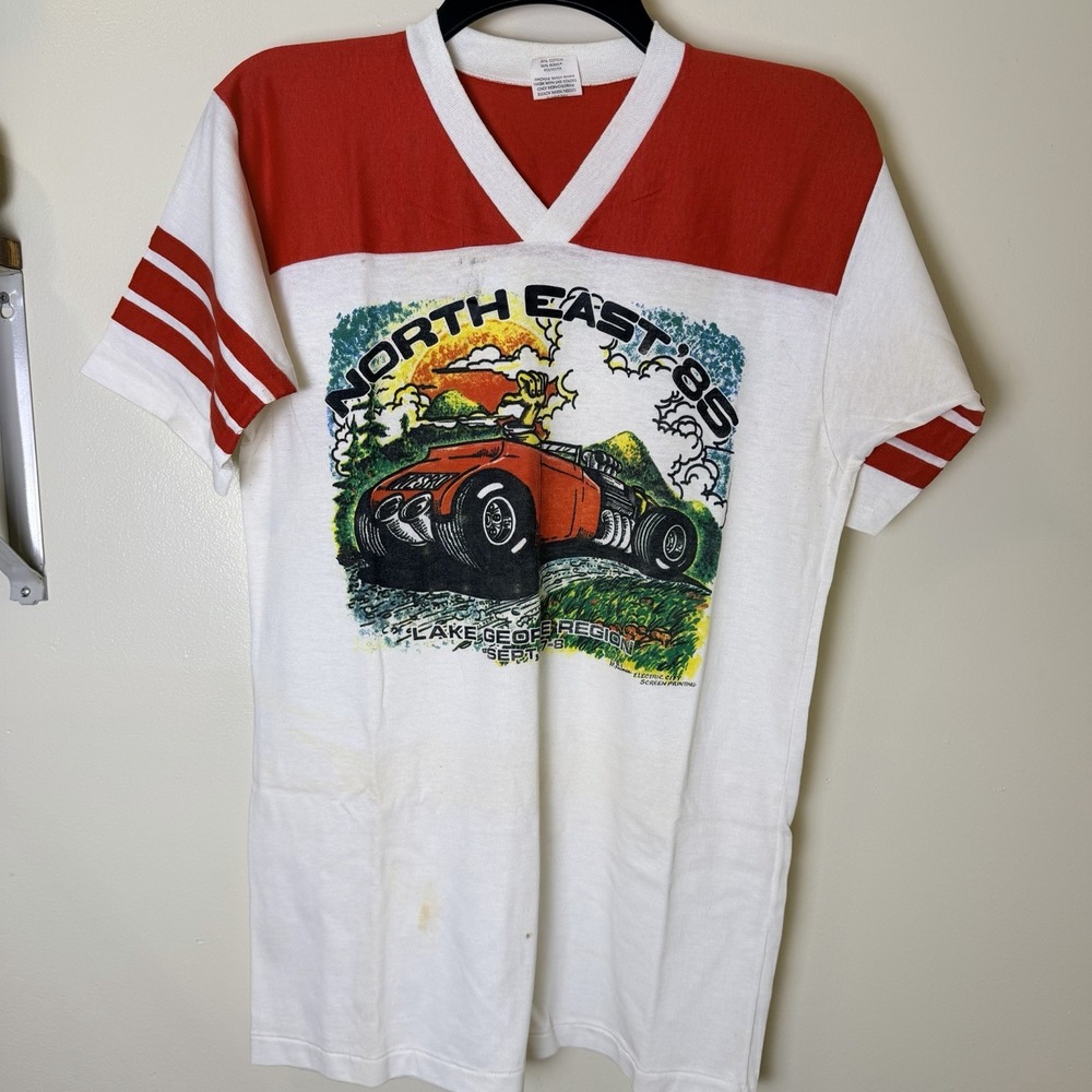 Vintage 1980's Ringer T Shirt Car Club Distressed Men's M Single Stitch USA Read